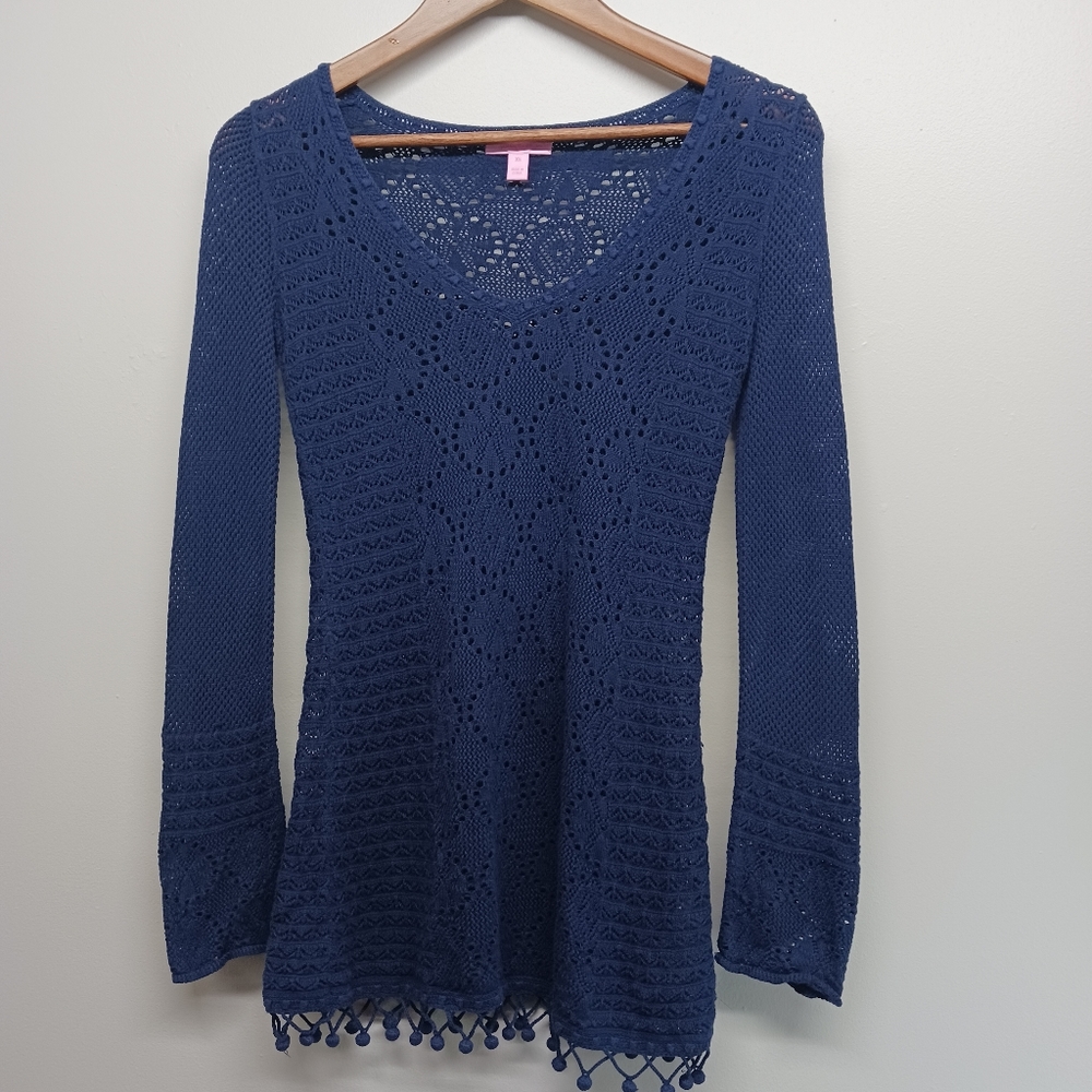 Lilly Pulitzer Crochet Top Women Size XS Navy Blue Long Sleeve 100% Cotton - Picture 1 of 8